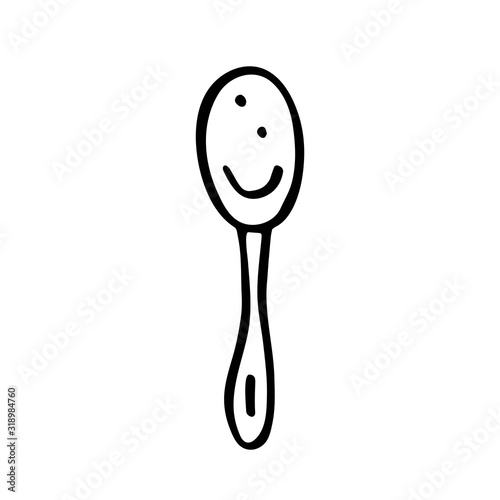 Spoon, dish cute kitchen equipment vector doodle hand drawn illustration, sticker, icon. Monochrome black design. Isolated on white background. Kitchen staff design element. Line art. Minimalist. 