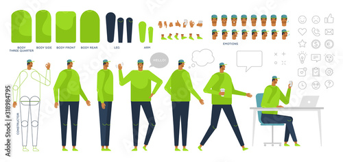 Man creation kit. Body constructor. Collection of body parts for animation. Front, side, rear, three quarter. Facial expression. Set of emotion, bubbles and line social icons. Vector, white isolated