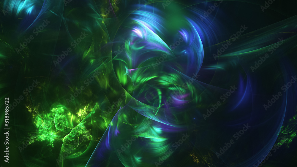 Abstract blue and green glowing shapes. Fantasy light background. Digital fractal art. 3d rendering. - obrazy, fototapety, plakaty 