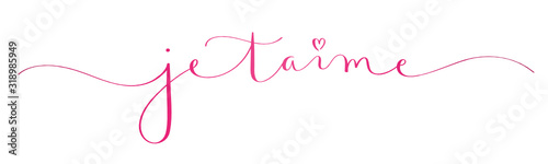 JE T'AIME pink vector brush calligraphy banner with swashes and heart