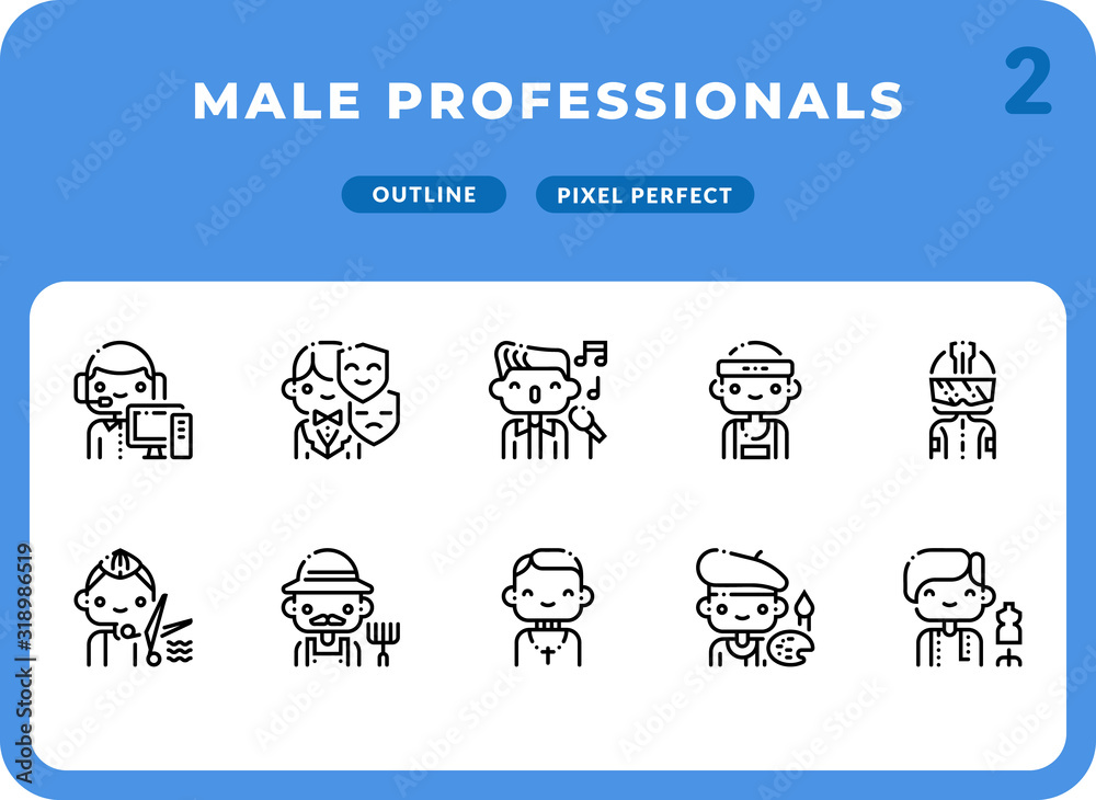Male Professionals Outline Icons Pack for UI. Pixel perfect thin line vector icon set for web design and website application.