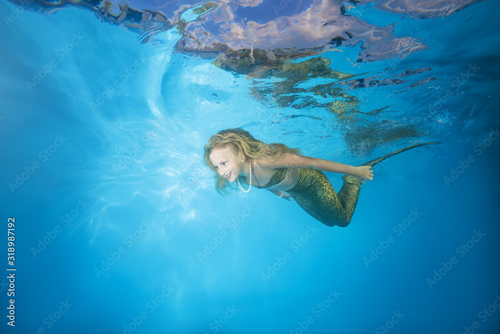 Fototapeta premium A girl in a mermaid costume poses underwater in a pool. Young beautiful girl poses underwater in the pool.