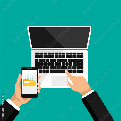 Hand holds phone and click on laptop. Upload files to the cloud storage or computer. View top of open laptop. Vector illustration.