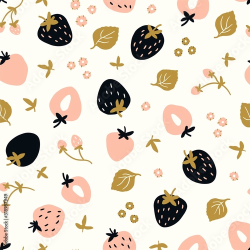 Baby berry seamless pattern. Background with bright strawberries, leaves and flowers