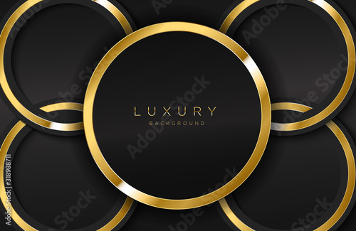 Realistic background with shiny gold ring shape. Vector golden circle shape on black surface Graphic design element. Luxurious Elegant template