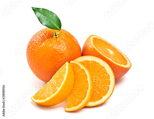 Orange fruit, slices, leaves isolated on white. Juicy healthy vitamin C clean eating food. Organic whole, cut citrus fruits for orange juice, clipping path. Fresh oranges, full depth of field