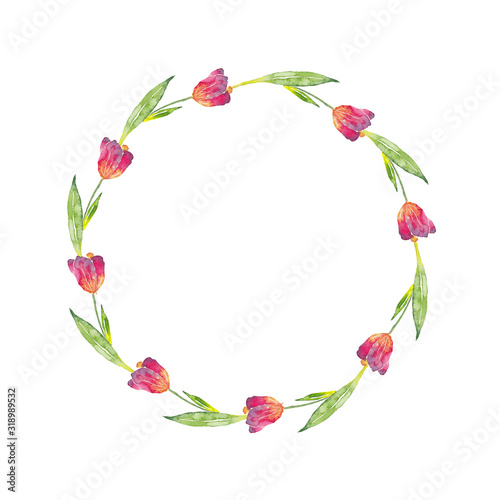 Fototapeta Naklejka Na Ścianę i Meble -  Wreath of spring tulip flowers on a white background. Use for wedding invitations, birthdays, menus and decorations