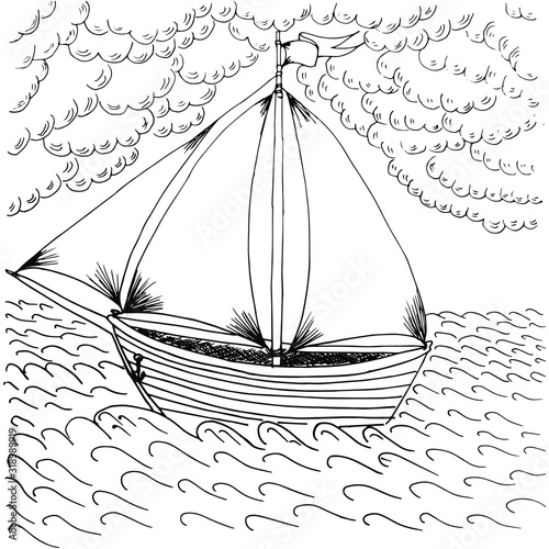 A vector sketch of a boat with sails swinging on the waves.