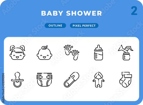 Baby Shower Outline Icons Pack for UI. Pixel perfect thin line vector icon set for web design and website application.