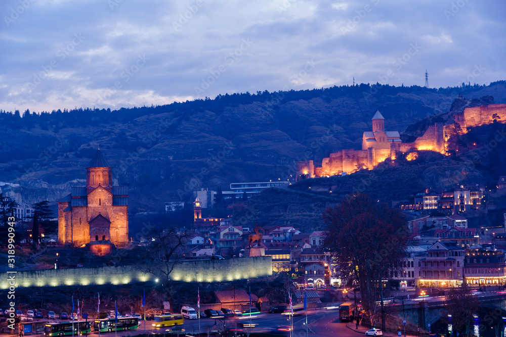 Night panorama of Tbilisi. In the background, the Narikala Fortress complex of the IV century is highlighted