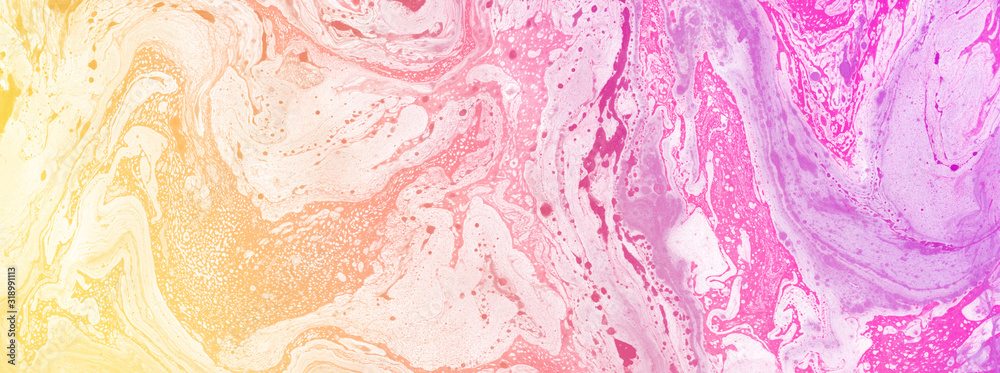 Fototapeta premium Hand painted background for creative design of posters, cards, invitations, banners, websites, wallpapers. Mixed pink and yellow paints on a canvas. Modern artwork. Trendy artistic style.