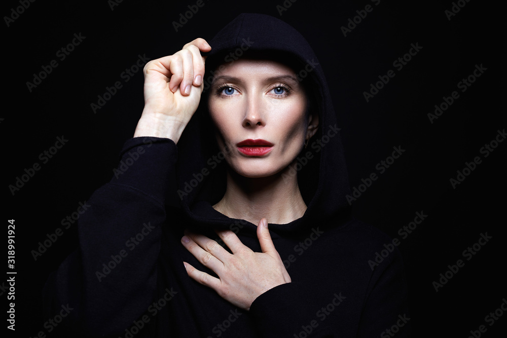 beautiful woman in hood. red lips woman beautiful woman in hood. red lips woman