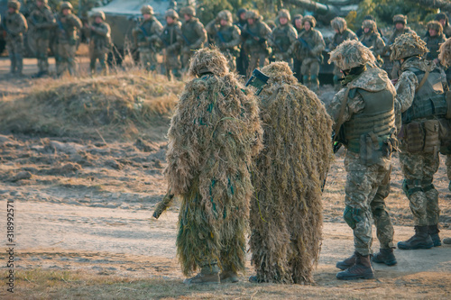 Army parade, military uniform soldier row march