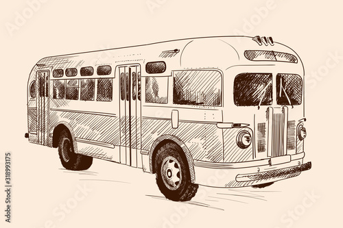 Vintage vintage bus. Pencil sketch on beige background.