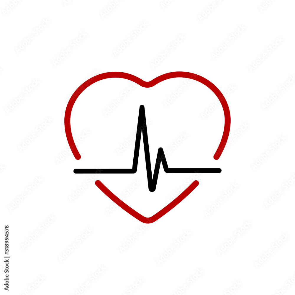 Heartbeat line with Heart red. Heart beat line black icon with red ...