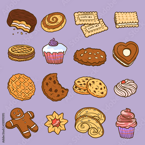 Biscuit icons set. Hand drawn set of biscuit vector icons for web design photo