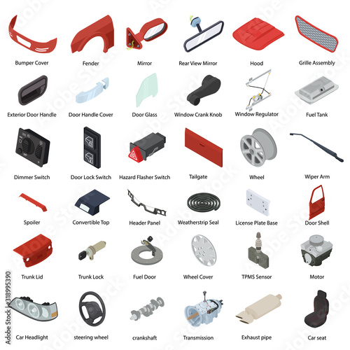 Car parts icons set. Isometric set of car parts vector icons for web design isolated on white background
