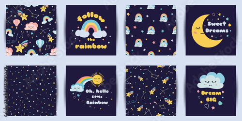 Set of baby night cards seamless patterns Cute cartoon characters Dream phrases Dark night