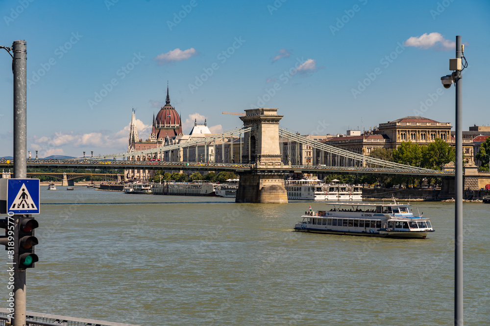 Chain bridge on Danube river in Budapest, Hungary.