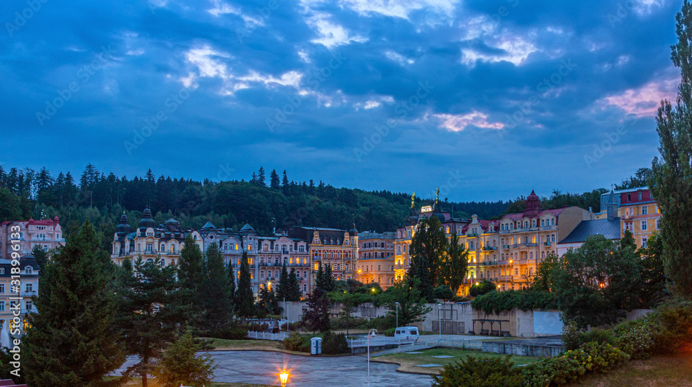 View on the old city of the Czech spa town Marienbad in the evening twillight in summer