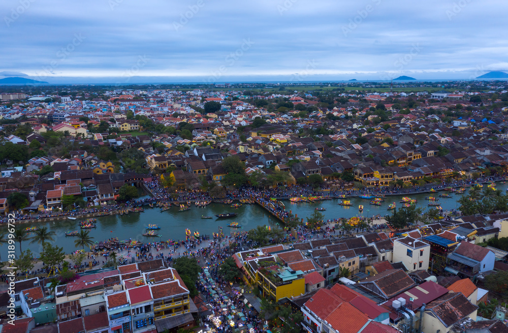 Aerial shot of Hoi An in Vietnam. Hoi An is an ancient trading port city an a UNESCO world heritage site
