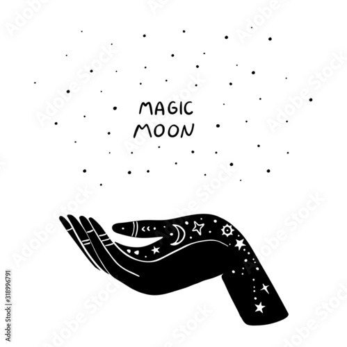Card vector symbol mudra hands, phrase and stars. Magic moon. Great for fabric, wrapping paper. Aztec stile, tribal art, ethnic collection, design isolated on white background.