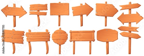 Wooden signboard. Wood board on stick, empty signboard or signpost and road direction pointer arrow cartoon vector set. way information isolated signs