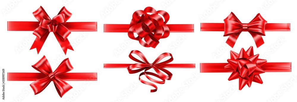 Realistic red ribbons with bows. Festive wrapping bow, gift decoration and presents ribbon vector set. Bundle of elegant shiny satin tapes. Set of glossy textile strips isolated on white background. Realistic red ribbons with bows. Festive wrapping bow, gift decoration and presents ribbon vector set. Bundle of elegant shiny satin tapes. Set of glossy textile strips isolated on white background.