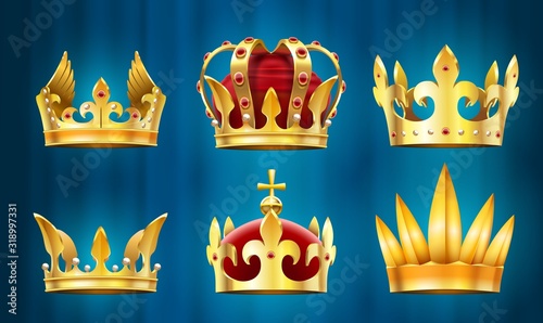 Realistic royal crown. King jewels, monarchs crowns with gems stones vector set. Collection of golden headgears and coronets decorated by pearls, precious stones. Bundle of elegant monarchy regalia.