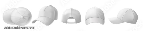 White cap mockup. Sports visor hat template, baseball cap front and back view realistic 3D vector illustration set. Bundle of modern fashion accessory, trendy headgear, casual headdress with bill.