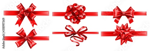 Realistic red ribbons with bows. Festive wrapping bow, gift decoration and presents ribbon vector set. Bundle of elegant shiny satin tapes. Set of glossy textile strips isolated on white background.