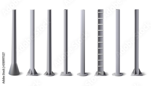 Metal poles. Steel construction pole  aluminum pipes and metal column vector illustration set. Bundle of metallic vertical pillars  posts  rails for upright support in construction and engineering.