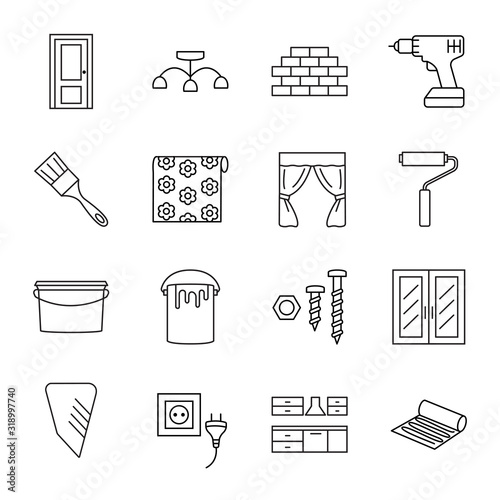 Building materials and tools icon set for building shop and hardware store. All for repair. Household goods.