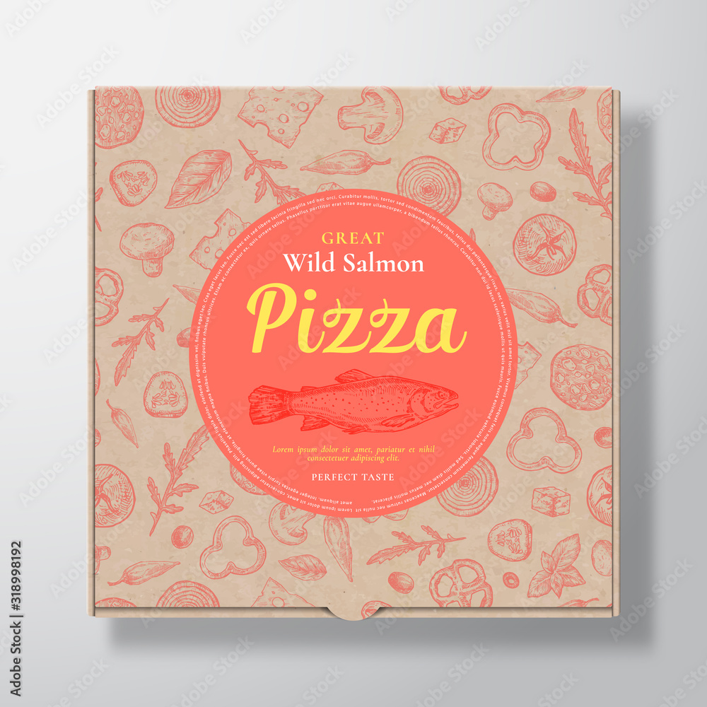 Salmon Fish Pizza Realistic Cardboard Box. Abstract Vector Packaging Design or Label. Modern Typography, Sketch Seamless Pattern of Cheese, Tomato, Sausages. Craft Paper Background Layout. Salmon Fish Pizza Realistic Cardboard Box. Abstract Vector Packaging Design or Label. Modern Typography, Sketch Seamless Pattern of Cheese, Tomato, Sausages. Craft Paper Background Layout.