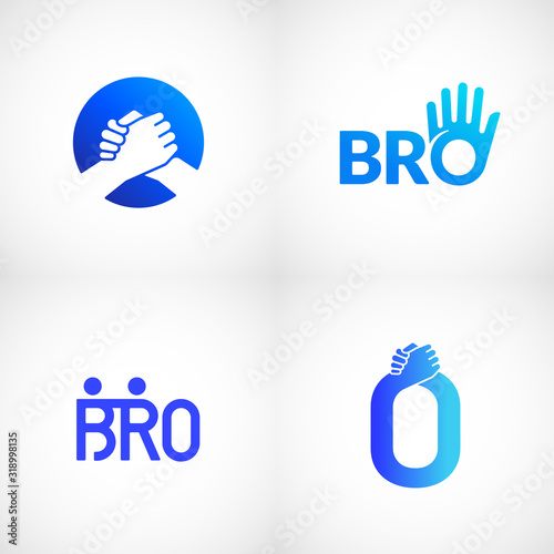 Informal Greeting Handshake Abstract Vector Sign, Emblem or Logo Templates Bundle. Brotherhood or Team Lettering Icon. Friendly High Five Palm Hand with O Letter Incorporated.