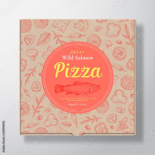 Salmon Fish Pizza Realistic Cardboard Box. Abstract Vector Packaging Design or Label. Modern Typography, Sketch Seamless Pattern of Cheese, Tomato, Sausages. Craft Paper Background Layout.
