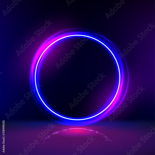 Vector neon glowing ring in dark room. Round light frame for text. Dark abstract furistic background with circle gate. Portal to another universe.