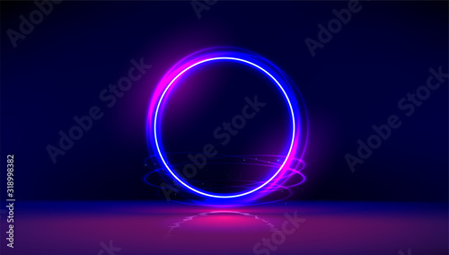 Dark abstract furistic background with circle gate. Vector neon glowing ring in dark room. Round light frame for text. Portal to another universe.