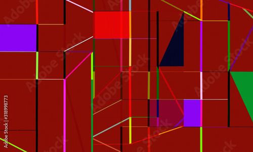 Abstract lines in red, black, green, pink and yellow