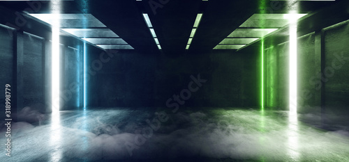 Smoke Neon Glowing Fluorescent Green Blue Laser Lights Stage Stadium Studio Hallway Tunnel Corridor Concrete Grunge Alien Modern Empty Futuristic Sci Fi 3D Rendering