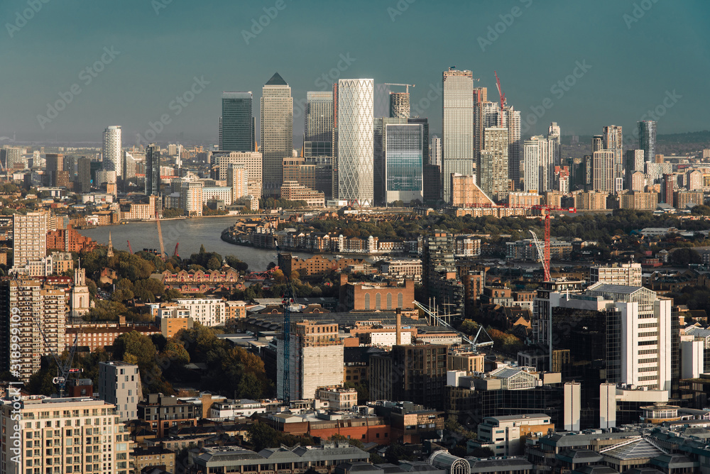 Elevated View of Canary Wharf Financial District in the City of London