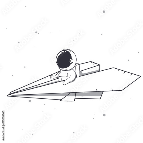 baby astronaut flies on a paper airplane