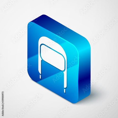 Isometric Winter hat with ear flaps icon isolated on white background. Blue square button. Vector Illustration
