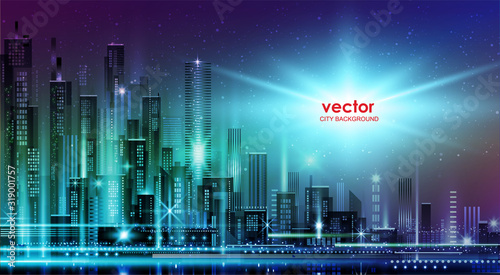 Night city illustration with neon glow and vivid colors. illustration with architecture  skyscrapers  megapolis  buildings  downtown.