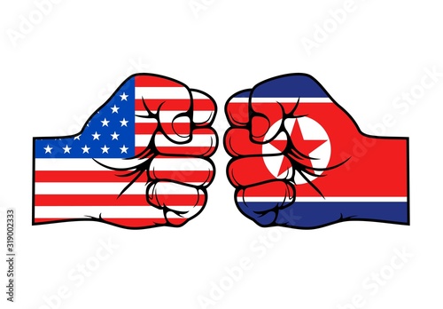 North Korea vs USA, military conflict fist punch. Vector America and North Korea flags on hands symbols, confrontation crisis, government politics and nuclear war aggression