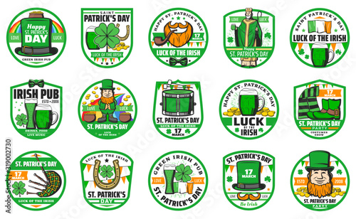 Patricks day holiday icons. Vector Saint Patrick with green beer, Irish flag and bagpipes, golden horseshoe and clover leaf, leprechaun with golden coins in cauldron and hat
