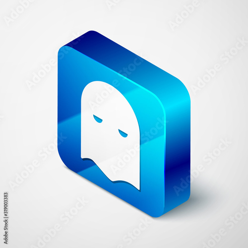 Isometric Executioner mask icon isolated on white background. Hangman, torturer, executor, tormentor, butcher, headsman icon. Blue square button. Vector Illustration