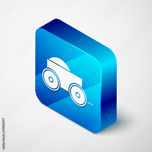 Isometric Wooden four-wheel cart with hay icon isolated on white background. Blue square button. Vector Illustration