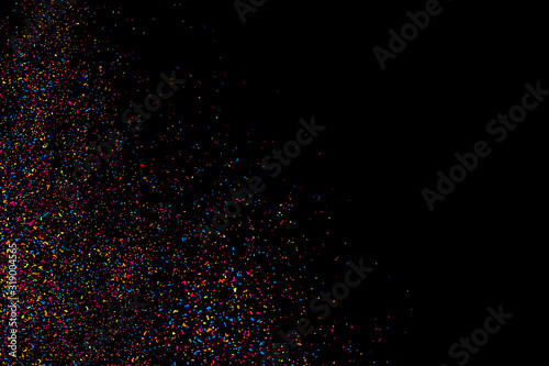Abstract Explosion Of Confetti. Colorful Grainy Texture Isolated On Black Background. Colored Stains And Blots. Vector Overlay Elements. Digitally Generated Image. Illustration, Eps 10.