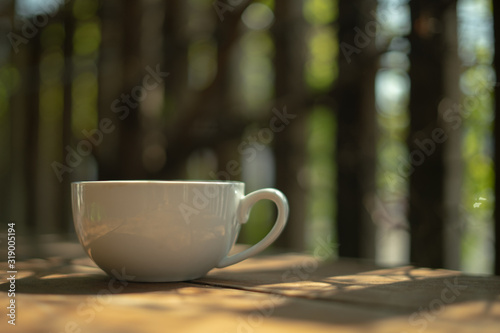 A cup of coffee on a wooden table in the morning. With copy space. and sunlight naturally a blurred background.